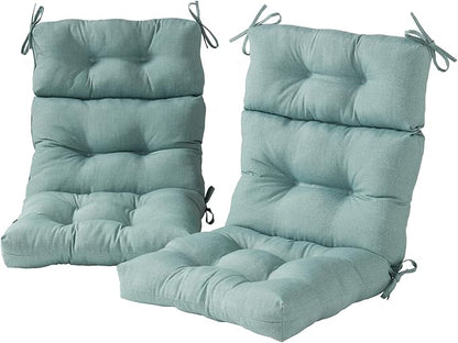 Outdoor Tufted High-Back Chair Cushions, One-Piece Hinged Seat and Back Design, Reversible with 4 Ties, Durable Polyester Fabric, Recycled Fiber Fill - Set of 2, Seaglass