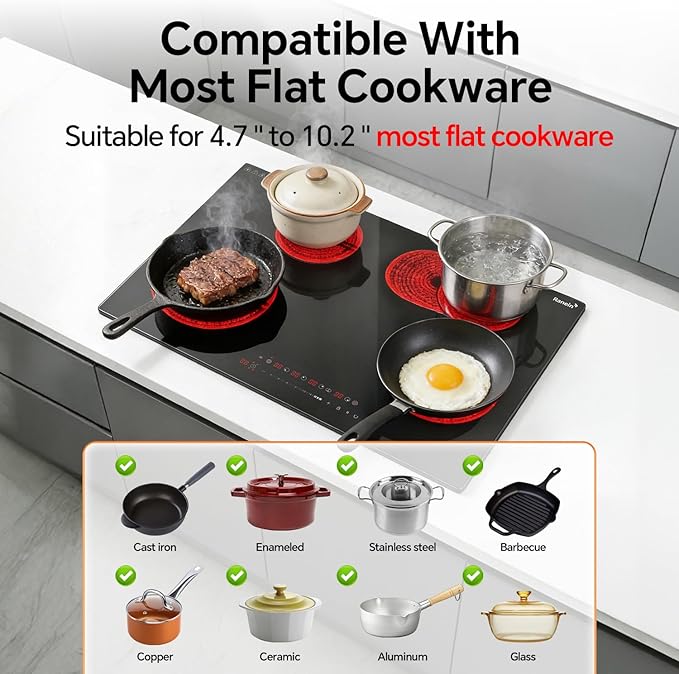 Ranein 30 Inch 4 Burner Electric Cooktop, Max 7900W 240V Ceramic Panel Built-in Electric Stove Top, with Child Safety Lock, Timer, Over-Temperature Protection