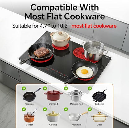 Ranein 30 Inch 4 Burner Electric Cooktop, Max 7900W 240V Ceramic Panel Built-in Electric Stove Top, with Child Safety Lock, Timer, Over-Temperature Protection