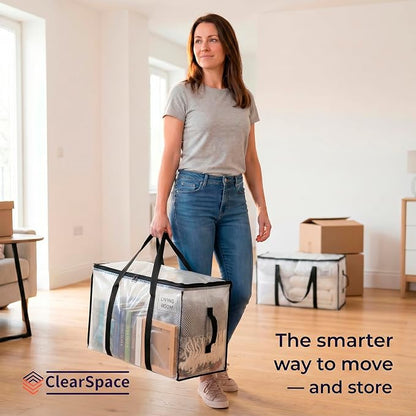 ClearSpace Oversized Moving Bags or Storage Bag – Large Moving Boxes with Backpack Straps, Zippers & Handles – Heavy-Duty Packing Bags for Moving, College Dorm, Christmas Decorations, 2 Pack