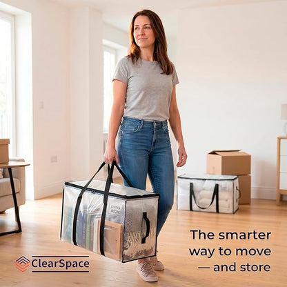 ClearSpace Heavy Duty Moving Bags or Storage Bags – Clear Storage Bins with Lids, Large Moving Boxes with Backpack Straps & Zippers – Packing Bags & Moving Supplies for College Dorm- 4 Pack