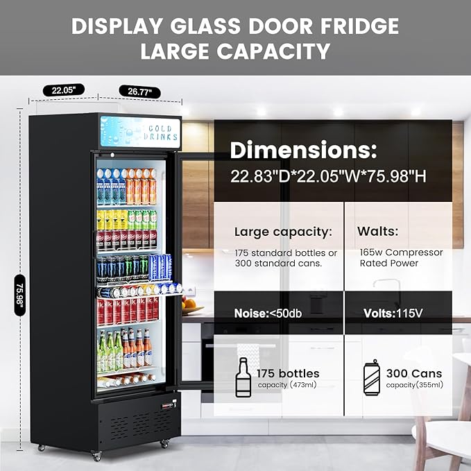Commercial Beverage Refrigerator, 15 Cu.ft.Display Fridge Glass Door Upright Display Door with Adjustable Shelves LED Light for Restaurant,Grocery Stores,Office
