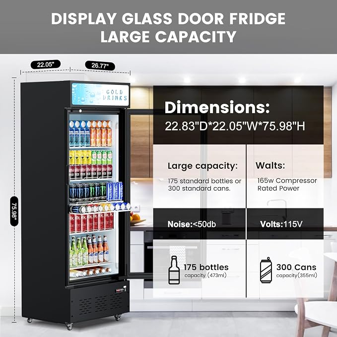 Commercial Display Refrigerator Glass Door 15.1 cu.ft Commercial Beverage Refrigerators with LED and Shelves for Cafe, Restaurant, Store