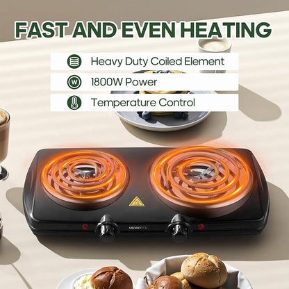 Double Burner Hot Plate Electric, 1800 Watts Electric Burner with 5.2" & 6" Coiled Element, Adjustable Temperature, for Dorm, Office, Home, Camp, Compatible for All Cookwares