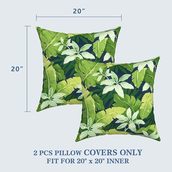 LVTXIII Outdoor Pillow Covers 20x20 Inch, 2 Pack Large Square Throw Pillow Cases, Fade-Resistant Cushion Covers for Patio Furniture Sofa, Garden Porch, Jungle Leaves