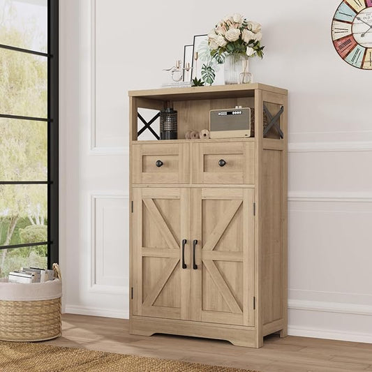 Befrases Natural Wood Storage Cabinet with Drawers and Shelves, Standing Kitchen Pantry Cabinet, Floor Storage Cabinet Hutch Cupboard, Coffee Bar Station for Dining Living Room Home Office