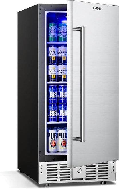 EUHOMY 15 Inch Under Counter Beverage Refrigerator, 127 Can Beverage Fridge with Stainless Steel Door, Beverage Cooler Built-in, Drink Fridge for Soda Beer and Wine