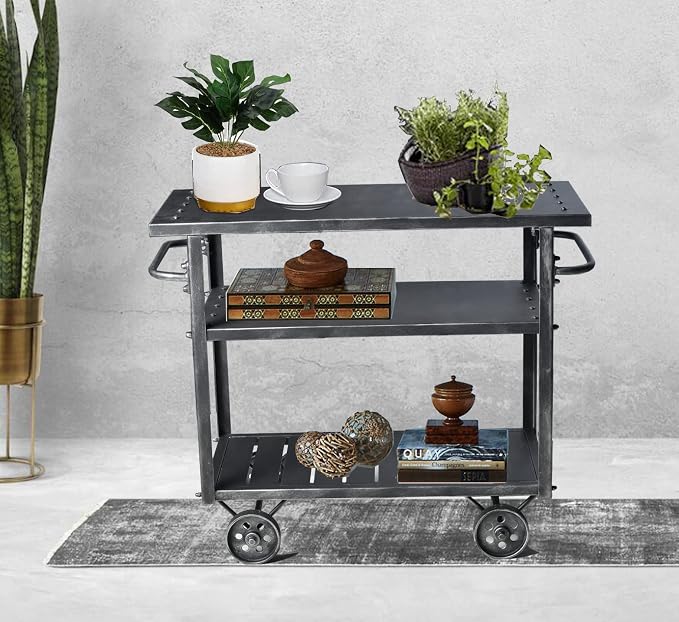 Industrial 3 Tier Rolling Utility Storage Cart Wine Beverage, Metal Wine Rack with Wheels Kitchen Bar Dining Room Tea Wine, Serving Cart