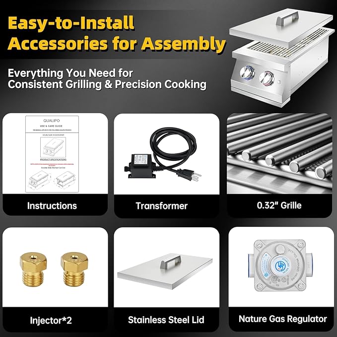 Double Side Burners for Outdoor Grill, Heavy-Duty 304 Stainless Steel | Built-in Side Burners with LED for Outdoor Kitchen BBQ Island, 2x17,000BTU Natural Gas Side Burner with Cast Brass Burner.