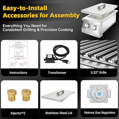 Double Side Burners-NG with Cast Brass Burner | Heavy-Duty 304 Stainless Steel, Built-in Side Burners with LED for Outdoor Kitchen BBQ Island