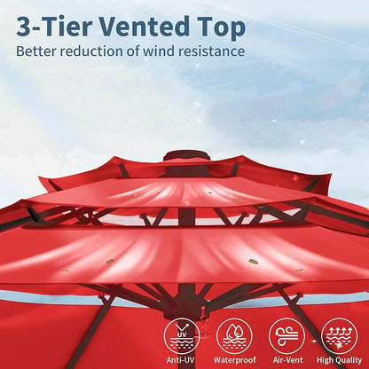 9FT 3 Tiers Patio Umbrella With Auto Tilt And Crank, Outdoor Table Market Umbrella with 8 Sturdy Ribs for Garden, Lawn, Deck, Backyard and Pool