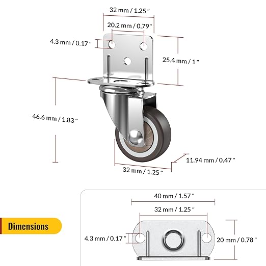 HOLKIE Side Mount Casters Wheels 1.25 Inch with Heavy Duty Thickened L-Shaped Plate Double Ball Bearing Swivel Casters Set of 4 Holding 100 LBS Ideal Wheels for Furniture,Planters,Small Tables
