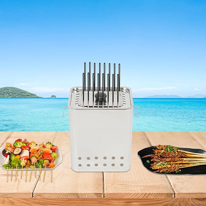 Smokeless Hanging Charcoal Grill with 26 Skewers, Square Stainless Steel Portable Barbecue BBQ Grill for Outdoor Camping/Travel/Backyard
