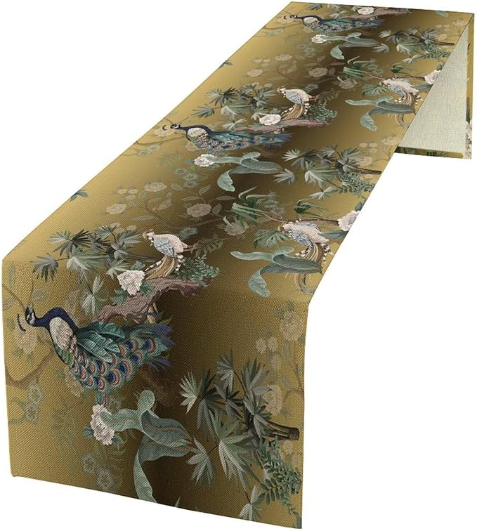 Peacock Table Runner Asian Chinese Traditional Birds Herons Peonies Flowers Dinner Runner Table Decoration for Home Kitchen Dining Table Party Decoration 13x108in