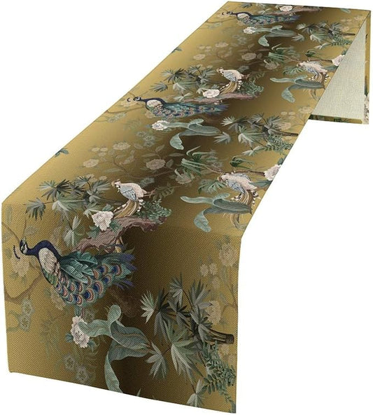 Peacock Table Runner Asian Chinese Traditional Birds Herons Peonies Flowers Dinner Runner Table Decoration for Home Kitchen Dining Table Party Decoration 13x108in