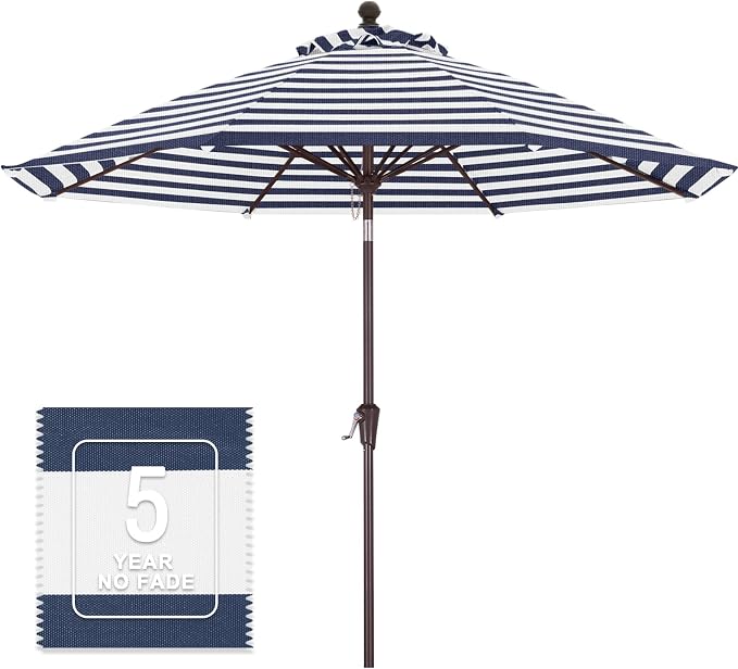 MASTERCANOPY 9ft Olefin 5-Year-Non-Fading Patio Umbrella Navy Blue & White | UV/Water/Fade-Resistant Canopy, Vented Top, 8 Fiberglass Ribs – Ideal For Deck, Yard, Market