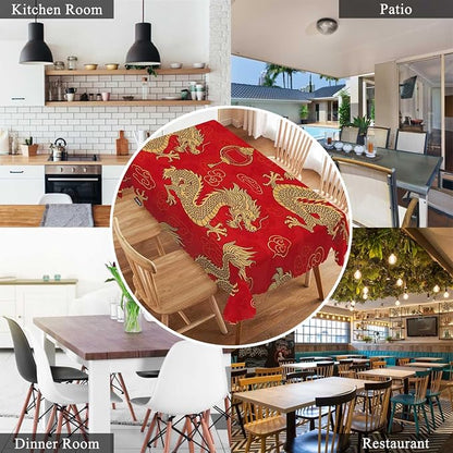 Swono Dragon Rectangle Tablecloth Traditional Flying Mascot Animal Chinese Dragons Red Table Cloth Dining Table Cover for Home Kitchen Restaurant Party Buffet Picnic, 52x70 Inch