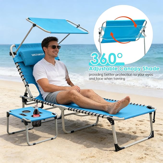 Outdoor Tanning Chair with Sun Canopy Shade & Face Hole, Folding Lounge Chair with Beach Table and Carry Bag for Poolside Sunbathing Lawn
