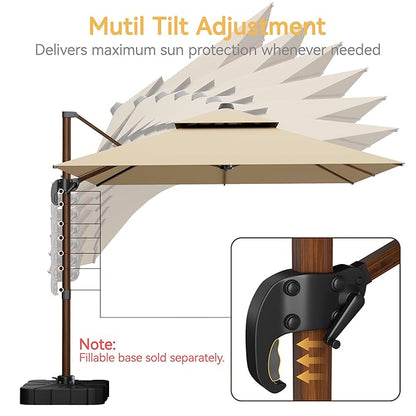 10x13 FT Wood Pattern Patio Umbrella, Large Deluxe Cantilever Rectangular Double Top Heavy Duty Offset Umbrellas with 360° Rotation, Outdoor shade for Garden Deck Pool Patio, Beige