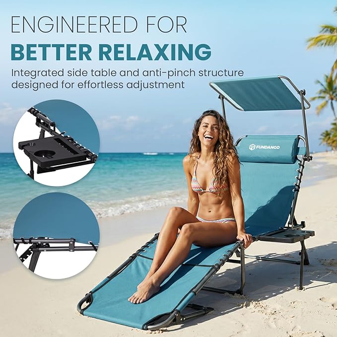 FUNDANGO Heavy Duty Tanning Chair with Face Hole & Canopy, 400lbs Beach Lounge Chair with Side Table, 5-Position Sun Lounger for Outdoor Patio Pool-Face Down Chaise with Anti-Pinch Safety Lock,Cyan