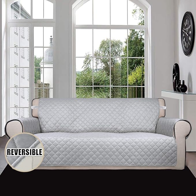 Easy-Going 4 Seater Sofa Slipcover Reversible Sofa Cover Water Resistant Couch Cover with Foam Sticks Elastic Straps Furniture Protector for Pets Children Dog Cat (XX-Large, Light Gray/Ivory) | XX-Large Sofa, Washable Slipcover For Dogs, Water Resistan...