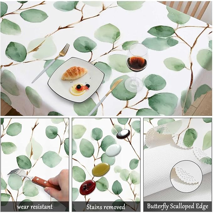 Swono Rectangle Tablecloth Green Floral Table Cover 52x70 Inch Eucalyptus Round Leaves Branches Twigs Table Cloth for Rectangle Tables Decorative Tablecloth for Dining Party Camping BBQ