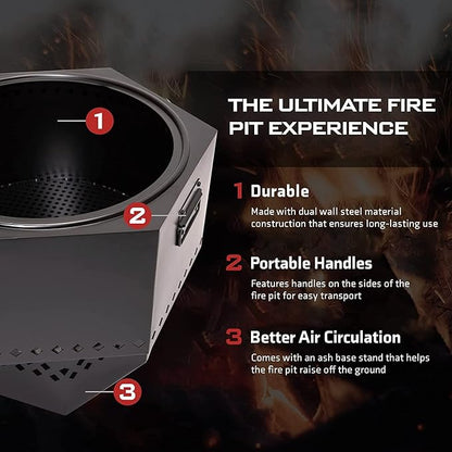 Dragonfire Portable Smokeless Firepit, Accessories Included: Base Stand and Carrying Case. Wood Pellet/Log Burning Outdoor Fire Pit. Black Finish, 22 Inch Size, with Nesting Base for Compact Storage.