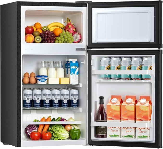 Kismile 2.6 Cu.Ft Mini Fridge with Freezer for Bedroom & Office, Black | Compact Refrigerator with 2 Reversible Doors, 3-level Adjustable Thermostat, Removable Shelves & Interior Light for Dorm