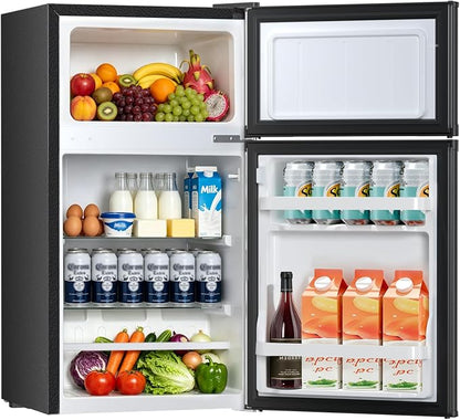 Kismile 2.6 Cu.Ft Mini Fridge with Freezer for Bedroom & Office, Black | Compact Refrigerator with 2 Reversible Doors, 3-level Adjustable Thermostat, Removable Shelves & Interior Light for Dorm