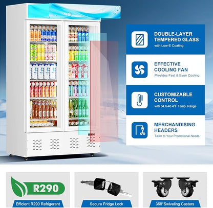 47.8'' W Commercial Beverage Refrigerators, 40 Cu.ft Glass Door Refrigerator Commercial Cooler with LED Light and 10 Shelves, Display Refrigerator for Restaurant Store Cafe Bar, White