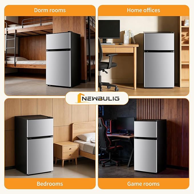 NEWBULIG Mini Fridge with Freezer 3.2 Cu.Ft Small Refrigerator for Office, Dorm, Small Fridge with Adjustable Thermostat, Energy Saving, Dual Door, Sliver