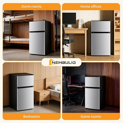 NEWBULIG Mini Fridge with Freezer 3.2 Cu.Ft Small Refrigerator for Office, Dorm, Small Fridge with Adjustable Thermostat, Energy Saving, Dual Door, Sliver