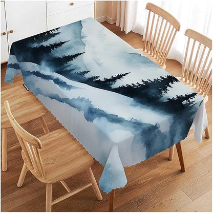 Swono Foggy Mountain 52"X70" Oblong Table Cloth Misty Forest Tree Hills Landscape Wrinkle Free Table Cover Farmhouse Tablecloth for Home Restaurant Picnic Indoor Outdoor Dining, Blue