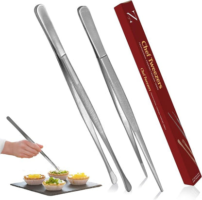 Namre Cooking Tweezer Chopstick Tongs, 2-Pack Stainless Steel, Silver | Ideal for plating, serving & precision cooking; slim chopstick-style design for delicate food handling