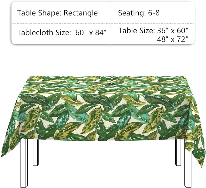 LVTXIII Rectangle Outdoor Tablecloth with Umbrella Hole and Zipper, Water-Repellent 60 x 84 Inch Patio Table Cover for Picnic, Garden, Backyard Dining, Lush Leaf Jungle