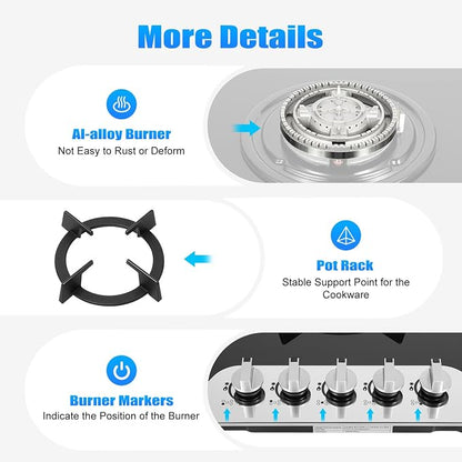 5 Burners Gas Stove, Al-alloy Built-In/Countertop Gas Cooktop with Electric Ignition and Tempered Glass Panel, 2000Pa LPG/NG Cooktop Stove for Kitchen Apartment