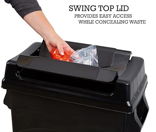 United Solutions Highboy Waste Container with Swing Lid, 23 Gallon, Space Saving Slim Profile and Simple Bag Removal, Handles for Easy Carrying, Indoor/Outdoor Use, Plastic, Black, 1-Pack.