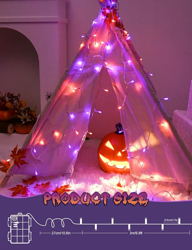 Cshare Halloween String Lights Battery Operated With Timer, Orange and Purple Outdoor 9.8ft 30LED, Decorations for Party Yard Pathway Indoor Outdoor