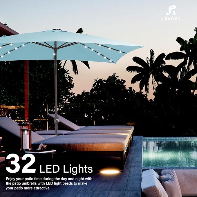 JEAREY 8x10' Rectangle LED Lighted Umbrella Patio Umbrella Outdoor w/Crank | Solar Market Umbrellas with 8 Sturdy Ribs, UV Protection Waterproof Sunproof for Pool, Deck, Backyard(Lake Blue)