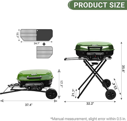 Brand-Man Portable Gas Grill, 2-in-1 Propane Camping Grill & Griddle Porcelain-Enameled with Folding Stand-Up Cart, 18,000 BTU 2-Burner Outdoor BBQ for Family Camping, Tailgating and Patio, Green