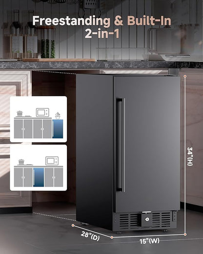 15 Inch Under Counter Beverage Refrigerator, 128 Cans Outdoor Fridge with Adjustable Glass Shelves, ≤45dB Quiet Small Beverage Refrigerator for Outdoor Kitchen & Patio (Black)