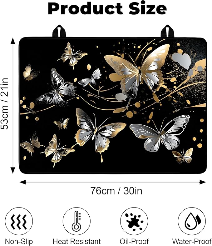 Silicone Glass Stove Top Cover- Mat for Electric Stove Protector with Anti-Slip Rubber Coating Scratch-Resistant XL Dish Drying Mats For Kitchen (Butterfly, 30"L x 21"W)
