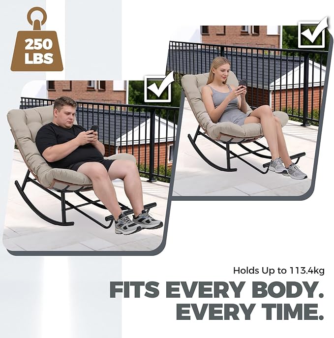 COMHOMA Outdoor Rocking Papasan Chair, Oversized Wicker Patio Rocker, Indoor Comfy Wicker Reading Lounge, Bed-Like Comfort Egg Chair for Bedroom,Balcony, Porch, Garden, Brown