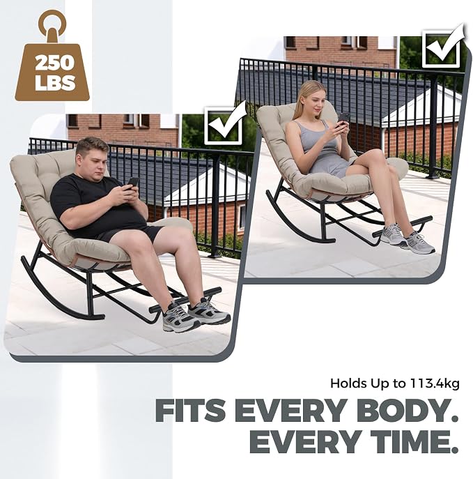 COMHOMA Outdoor Rocking Papasan Chair, Oversized Wicker Patio Rocker, Indoor Comfy Wicker Reading Lounge, Bed-Like Comfort Egg Chair for Bedroom,Balcony, Porch, Garden, Brown