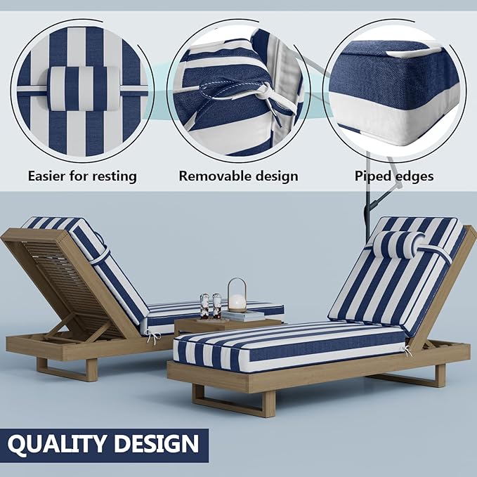72 x 21 x 4 Inch Olefin Chaise Lounge Cushions, Lounge Chair Cushions with Headrest for Outdoor Furniture - Weather and Fade Resistant Patio Replacement Furniture Lounge Chair Cushion