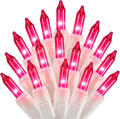 Pink Christmas Lights, 100 Count, Incandescent Mini Valentines Day Lights | White Wire Connectable Xmas Fairy String Light, UL Certified for Indoor Outdoor Garland Holiday Wedding Festival Party