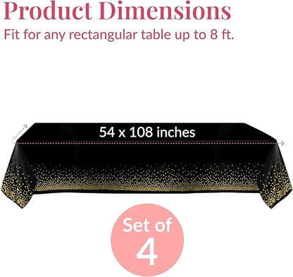 Prestee 4 Pack Gold and Black Table Cloth Rectangle Table Covers 54 x 108 Inches - Plastic Table Cloth Disposable for Parties, Dining and Events - Black Tablecloths for Weddings and Celebrations