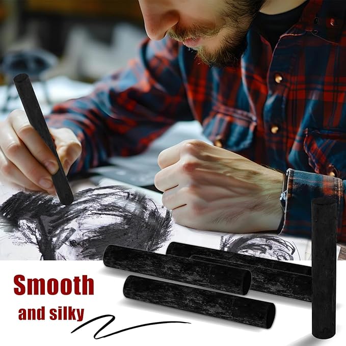 6 Pcs 0.79-0.94 Inch Black Jumbo Willow Charcoal Sticks, Large Soft Willow Charcoal Chunky Drawing Charcoal for Sketching Artist Supplies