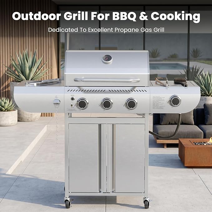 COWSAR 4 Burner Gas Grill, 34000 BTU Stainless Steel BBQ Grill with Side Burner, Porcelain-Coated Cast Iron Grates, Pull-Out Grease Tray for Outdoor Backyard Cooking