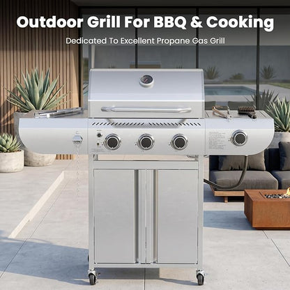 COWSAR 4 Burner Gas Grill, 34000 BTU Stainless Steel BBQ Grill with Side Burner, Porcelain-Coated Cast Iron Grates, Pull-Out Grease Tray for Outdoor Backyard Cooking